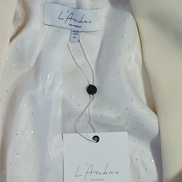 L'Academie The Rosemarie Mini Dress XS Ivory Front Buttons Padded Shoulders Tie - Picture 12 of 13